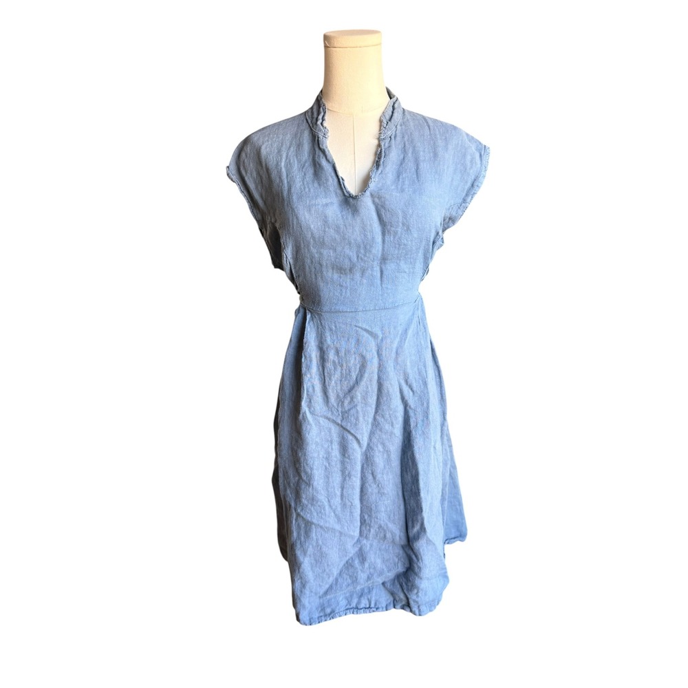 Aspen Blue 100% Linen V-Neck Sleeveless Midi Dress Made in Italy Size Medium